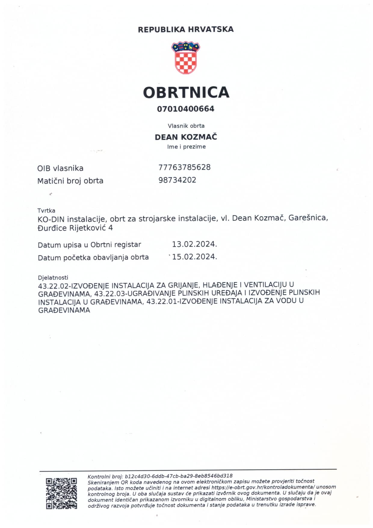 Obrtnica certificate