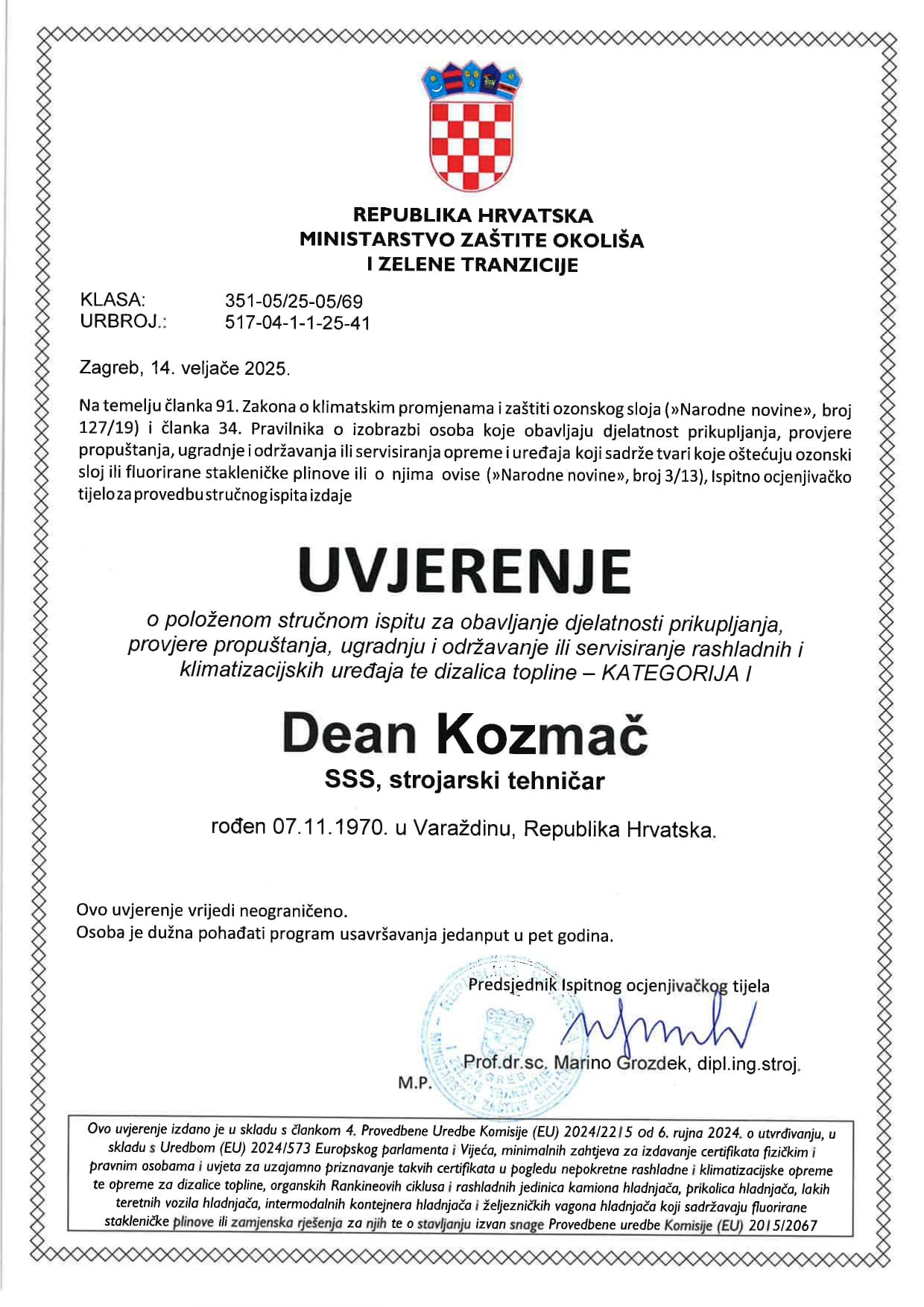 Uvjerenje HURKT-a (Hrvatska udruga za rashladnu, klima tehniku i dizalice topline) certificate