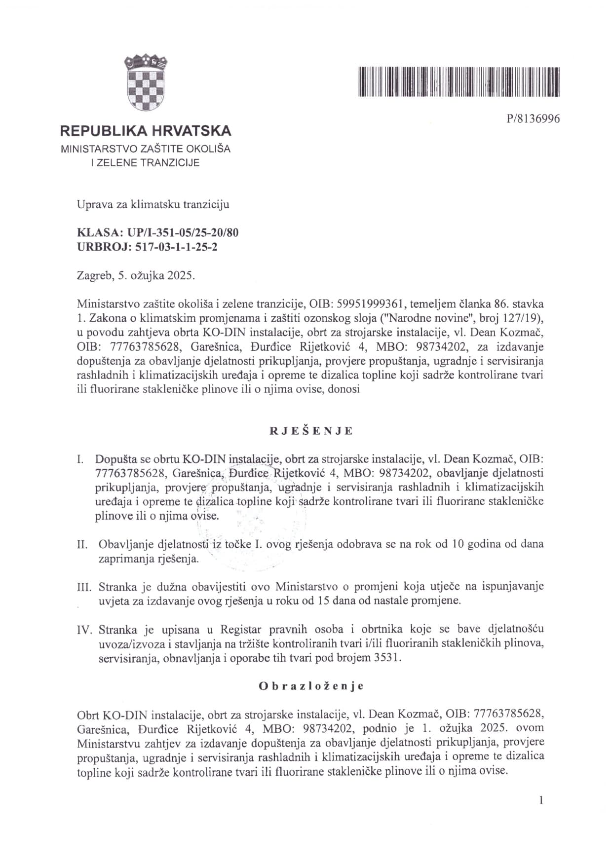Rješenje Ministarstva zaštite okolisa i zelene tranzicije certificate